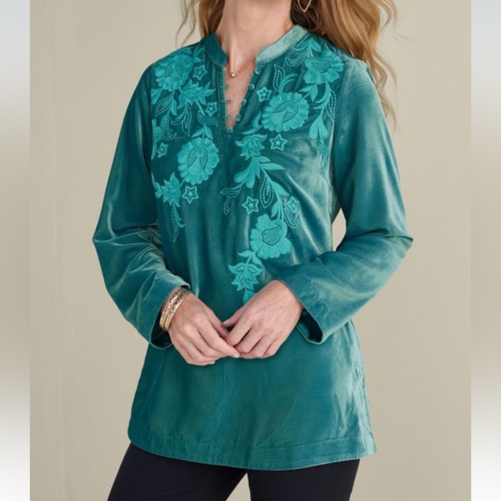 Soft Surroundings Gilda Embroidered Velvet Tunic Turquoise Teal XS